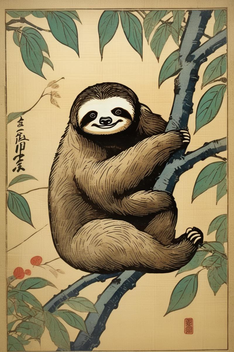 00169-489846366-_lora_Ohara Koson Style_1_Ohara Koson Style - sloth on a tree branch with leaves in japanese woodblock print parchment backgroun.png